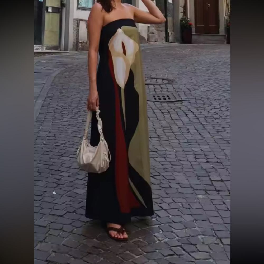NWT - Maxi Dress Floral Print Strapless Medium - Summer Olive Green and Black - Picture 7 of 7